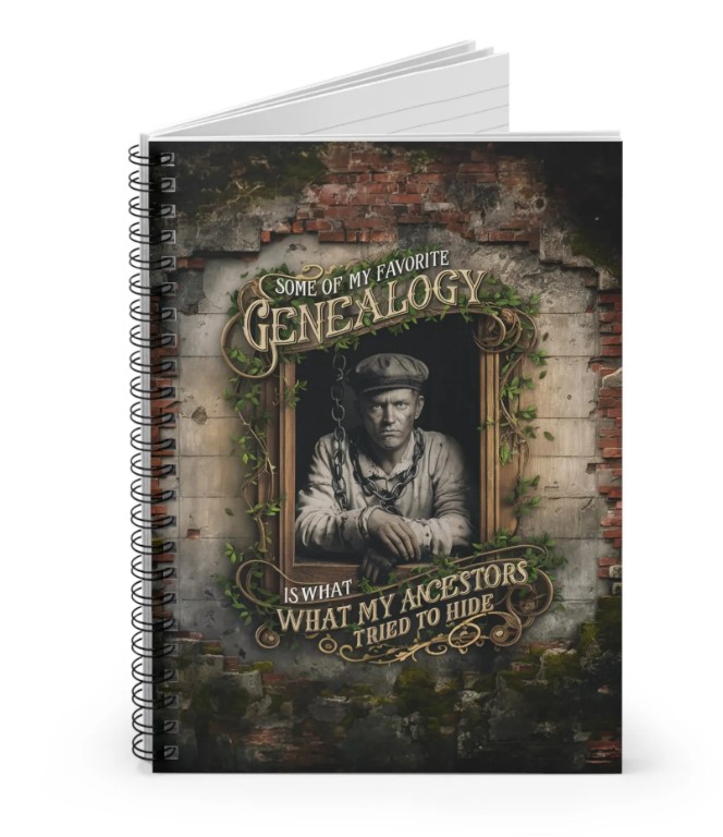 Uncover the hidden tales of your ancestry with our unique spiral notebook, perfect for genealogists and history enthusiasts. Featuring a striking cover design that reads "Some of my favorite genealogy is what my ancestors tried to hide," this notebook is sure to inspire your research and note-taking.

Features:

Material: Made from 100% high-quality paper
Paper Weights: Durable 350 gsm cover and 90 gsm inside pages
Size: Compact 6" x 8" (15.2 x 20.3 cm), ideal for carrying with you
Pages: 118 ruled line pages (59 sheets) to capture all your discoveries
Cover Design: Durable printed cover with a dark grey back and metal spiral binding

This notebook is not just a practical tool for your genealogy projects but also a stylish accessory that proudly showcases your passion for uncovering family history. Whether you're jotting down shopping lists, school notes, or poems, this notebook is a versatile companion in your everyday life.

Give the gift of discovery to yourself or a loved one with this genealogist-themed notebook.
