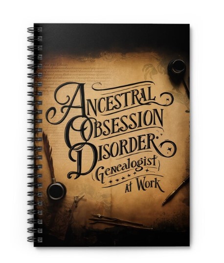 Unleash your inner historian with our uniquely designed spiral notebook, perfect for every genealogy enthusiast. Emblazoned with the words "Ancestral Obsession Disorder, Genealogist at Work," this notebook is a nod to your passion for uncovering family histories and piecing together ancestral stories.

Whether you're jotting down notes from the latest family reunion, sketching out your family tree, or documenting your research findings, this notebook is your ideal companion.

Features:

Material: Made from 100% high-quality paper
Paper Weights: Durable 350 gsm cover and 90 gsm inside pages
Size: Compact 6" x 8" (15.2 x 20.3 cm), ideal for carrying with you
Pages: 118 ruled line pages (59 sheets) to capture all your discoveries
Cover Design: Durable printed cover with a dark grey back and metal spiral binding

Celebrate your love for genealogy with this distinctive spiral notebook, and let your research journey begin!