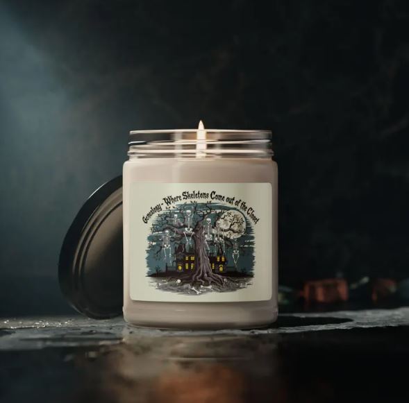 Unveil the mystery and charm of your heritage with our Halloween-inspired scented candle. This 9oz candle is not just about aroma—it's a statement piece. Adorned with the phrase, "Genealogy: Where Skeletons Come Out of the Closet," and a captivating design that brings Halloween vibes to life.

Crafted with 100% natural soy wax and a cotton wick, this candle promises a clean, long-lasting burn of 50-60 hours. The sleek glass jar features a glossy, permanent adhesive label that showcases the haunting design, making it an ideal decoration for the season. Choose from nine mesmerizing scents, each designed to captivate your senses and set the perfect ambiance for uncovering your family's hidden secrets.

Whether you're a genealogy enthusiast or just love the thrill of Halloween, this candle is the perfect addition to your collection. Embrace the season with a scent that lingers as long as the tales of your ancestors. Assembled with care in the USA, this candle meets ASTM safety standards, ensuring both quality and safety. Light it up, and let the skeletons dance!

Features:

Materials: 100% natural soy wax blend, 100% cotton wick, and a glass jar
Size: 2.8″ × 3.5" (7.1cm × 8.9cm)
Burning Time: 50-60 hours
Label: Glossy permanent adhesive with a custom Halloween design
Aromatic Scents: Choose from nine distinct fragrances
Safety: Compliant with ASTM safety standards
Origin: Assembled in the USA from globally sourced parts
Light up your space with a touch of history and a dash of Halloween spirit.

Available Scents:

Cinnamon Vanilla scent - Scent profile combines the full-bodied scent of spicy cinnamon with the sweet and creamy accords of vanilla. This fragrance oil is infused with natural essential oils, including gurjun balsam

Clean Cotton scent - Scent profile includes cotton blossom, Lemon on the top with complementing linen and powder, sandalwood and violet base

Apple Harvest scent - Scent profile includes a true ripe apple fragrance oil combined with bright fruit notes and just a touch of spice. This fragrance is infused with natural essential oils, including cinnamon, nutmeg, clove, orange, and cedarwood

Atlantis Whisper - Scent profile includes salty oceanic notes, dark musk, sandalwood, and a medley of essential oils evoking the lost city's timeless allure

Christmas Warmth - Scent profile includes a cozy blend of orange spice, fir, pine, and a smoky fireplace aroma infused with essential oils for festive warmth

Coconut Cream + Cardamom - Scent profile includes exotic curry, zesty lemon, and rich butter top notes with a heart of creamy coconut, spicy pepper, and aromatic cardamom, finishing with a sweet, musky, powdery dry-down

Peppered Passionfruit - Scent profile includes vibrant orange, fresh melon, lush green, and juicy pineapple top notes with a heart of succulent mango, creamy coconut, delicate jasmine, and tangy passionfruit grounded in a warm base of amber, musk, and sandalwood

Unscented - Scent profile includes fragrance-free illumination, offering a subtle glow to any space without the distraction of scents

Sea Salt + Orchid scent- Scent profile includes sea salt, ozone on the top with complementing jasmine, lily of the valley, green leaves and wood, tonka bean base

White Sage + Lavender scent - Scent profile includes lavender on the top with complementing camphor, chamomile, sage, rosemary, with a sandalwood and cedarwood base